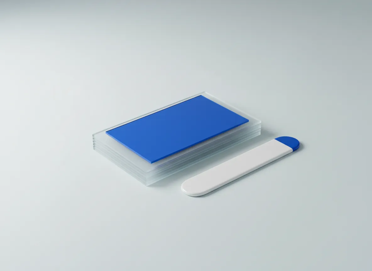 3D render of a fanned stack of glass cards with a blue card on top