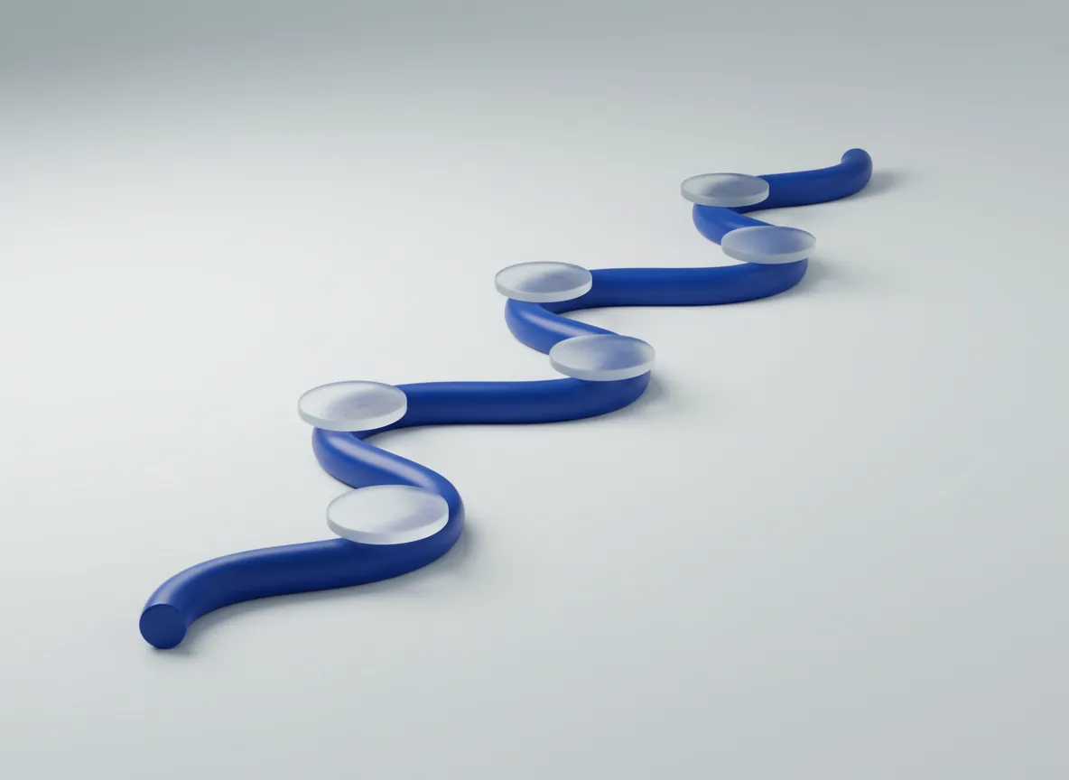 3D render of a winding blue ribbon path with five glass waypoints
