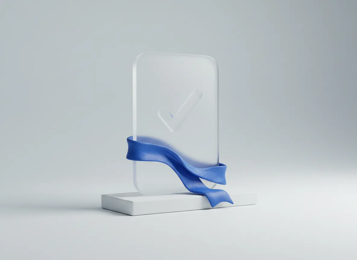 3D render of an upright glass badge with an embossed tick and a blue ribbon