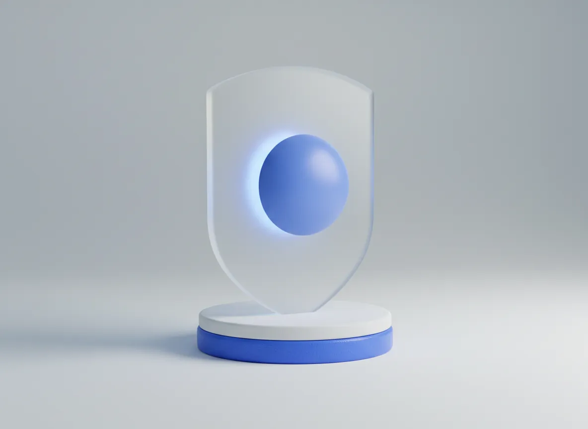 3D render of a frosted glass shield with a glowing blue core