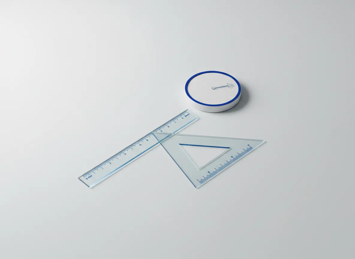 3D render of a glass ruler, set square and dial
