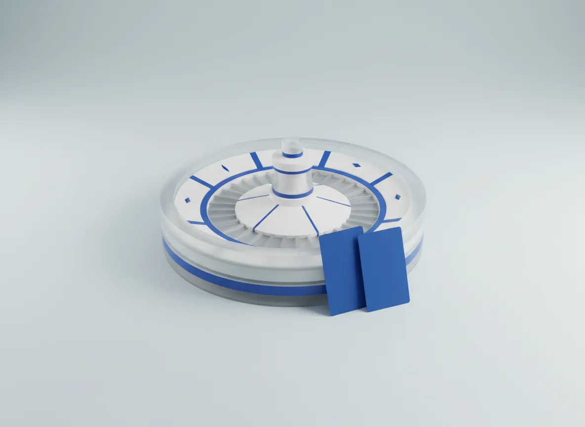 3D render of a frosted glass roulette wheel with blank pockets and two face-down cards